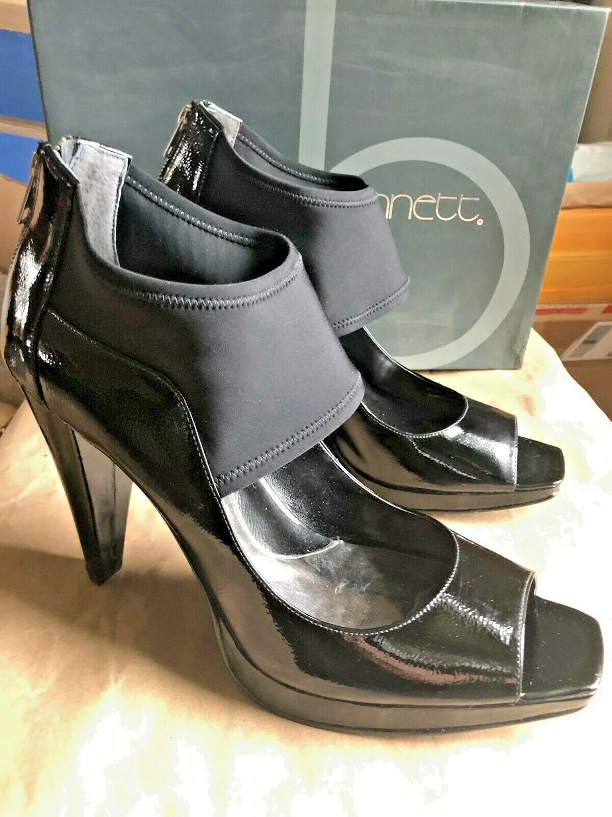 Jessica Bennett NASH Square Toe Platform Pumps BLACK PATENT 12M Rear Zipper NIB