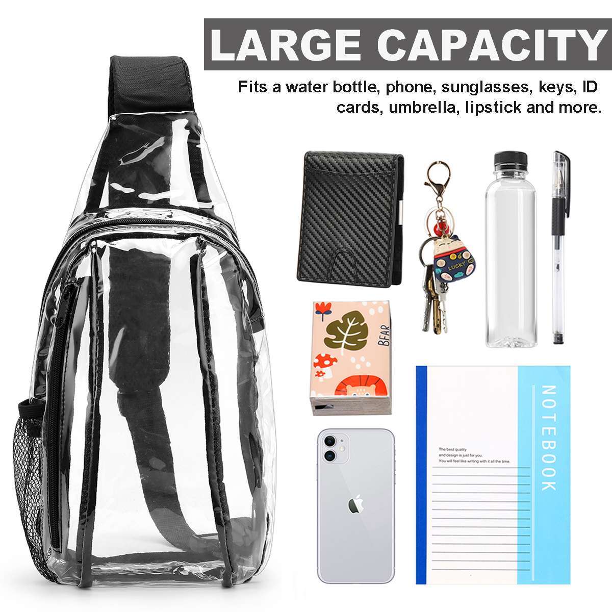 Clear PVC Sling Bag Transparent Stadium Shoulder Crossbody Chest Pack Adjustable