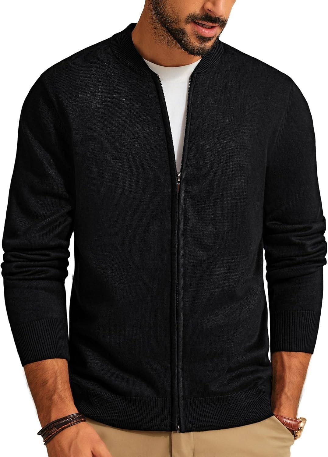 Men’s Full Zip Slim Fit Cardigan Sweater Stand Collar Lightweight Knit Jacket