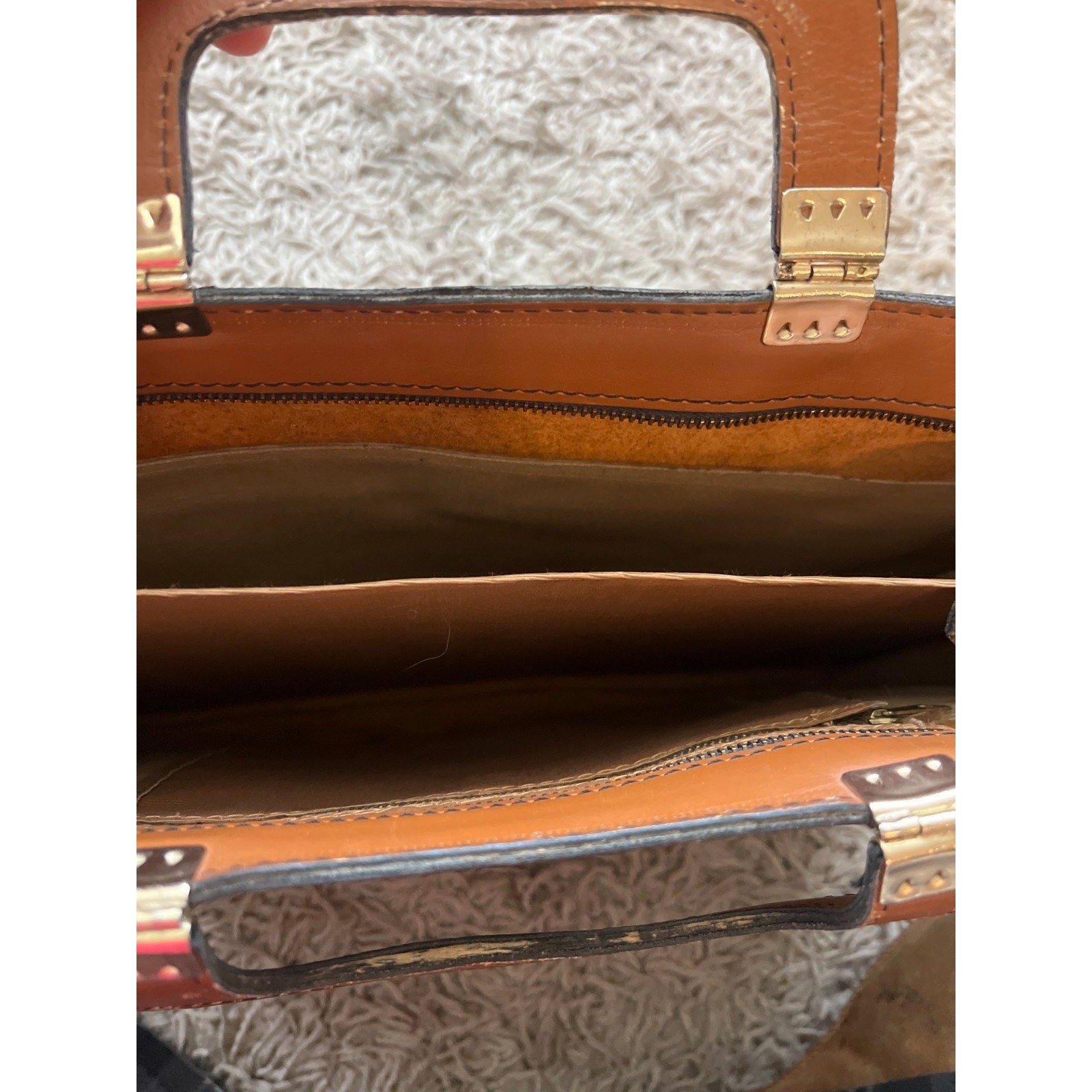 Vintage Tan Leather YKK Zip Front Flap Pocket Briefcase Document Laptop Bag