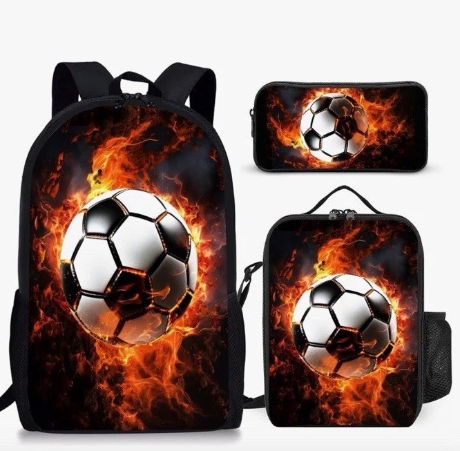 SOCCER Backpack Lunchbox Pencil Case Ball Flames Kids School Set World Cup Vibes