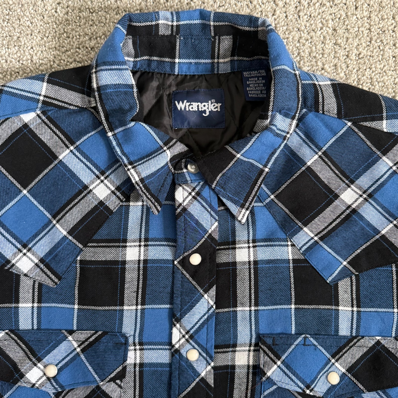 Wrangler Quilted Lined Flannel Shirt Jacket Western Pearl Snap Blue Plaid XLT