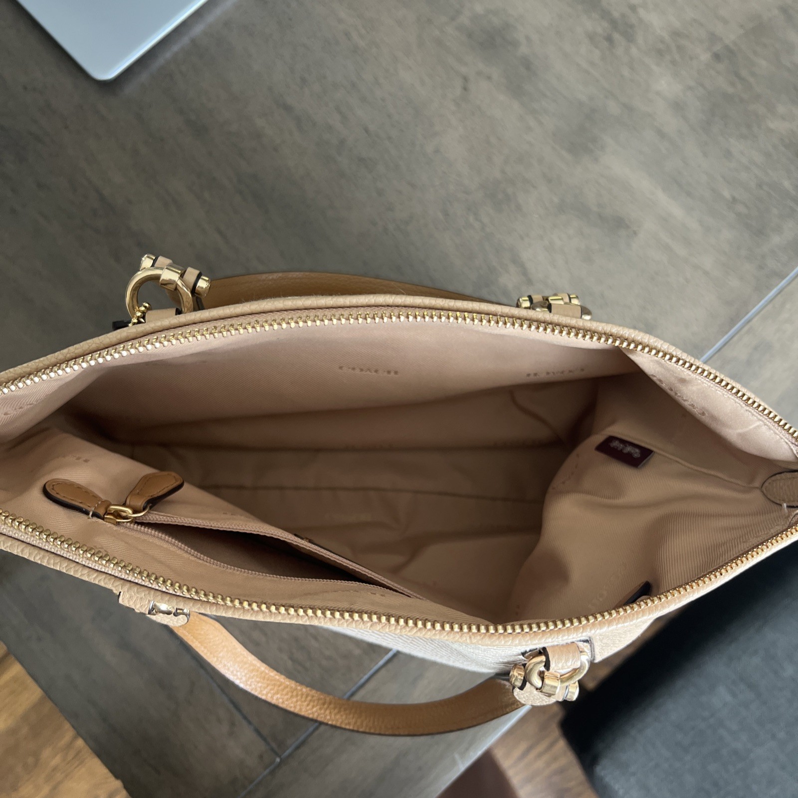 COACH Pairie Satchel in Pebble Leather and Checkerboad Fabric Neautral