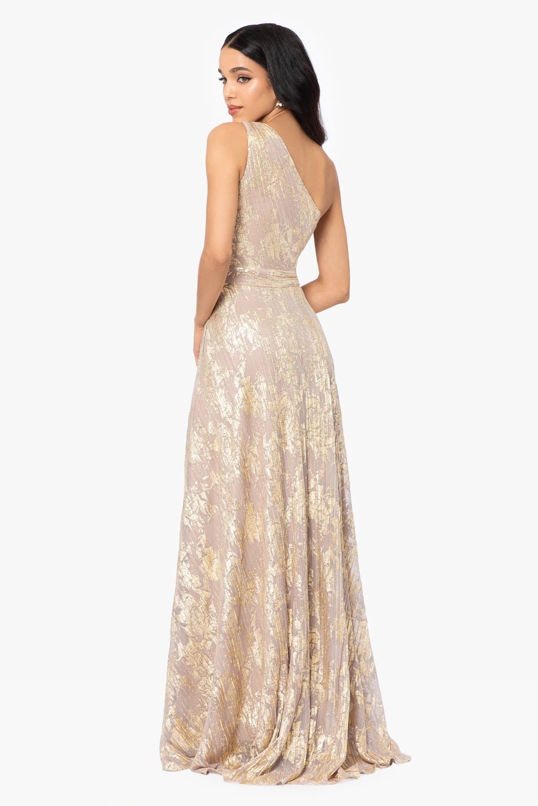 Betsy & Adam Metallic Rose Gold Floral One-Shoulder keyhole Dress Gown size 2