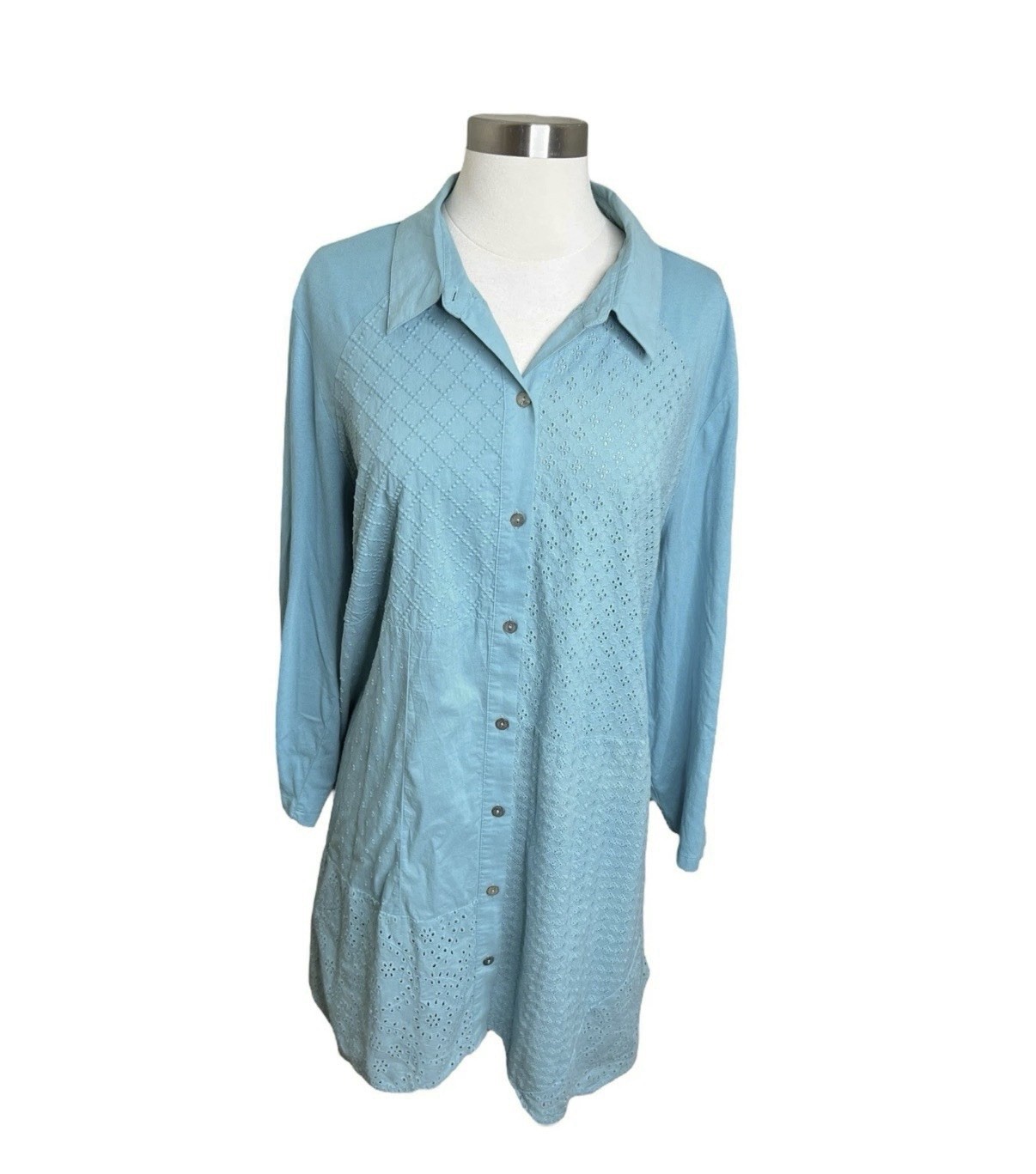 LOGO Lori Goldstein Cotton Eyelet Lace Tunic Top XL Button Down Boho Blue