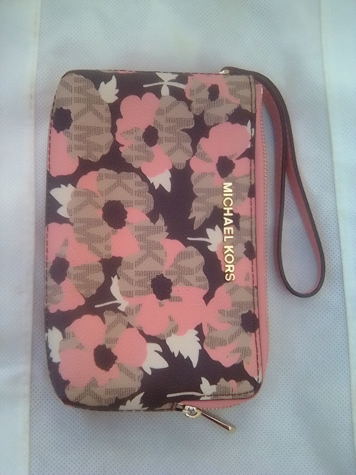 Michael Kors jet Set Leather DoubleTop Zip Coated Canvas Floral Wristlet Wallet