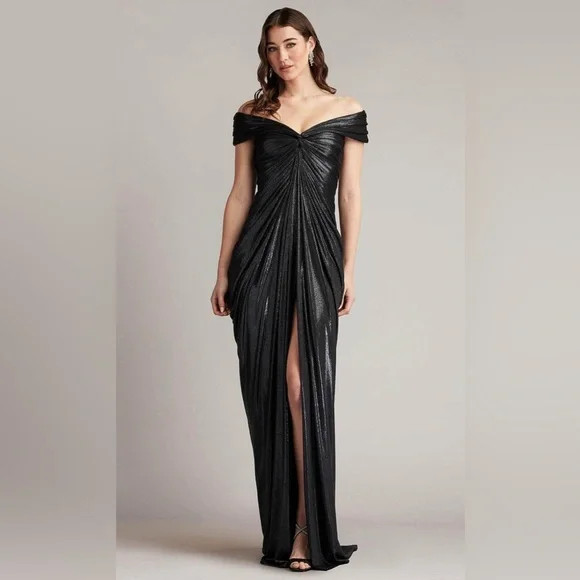 TADASHI SHOJI RUCHED OFF THE SHOULDDER BLACK METALLIC GOWN SIZE XS $488
