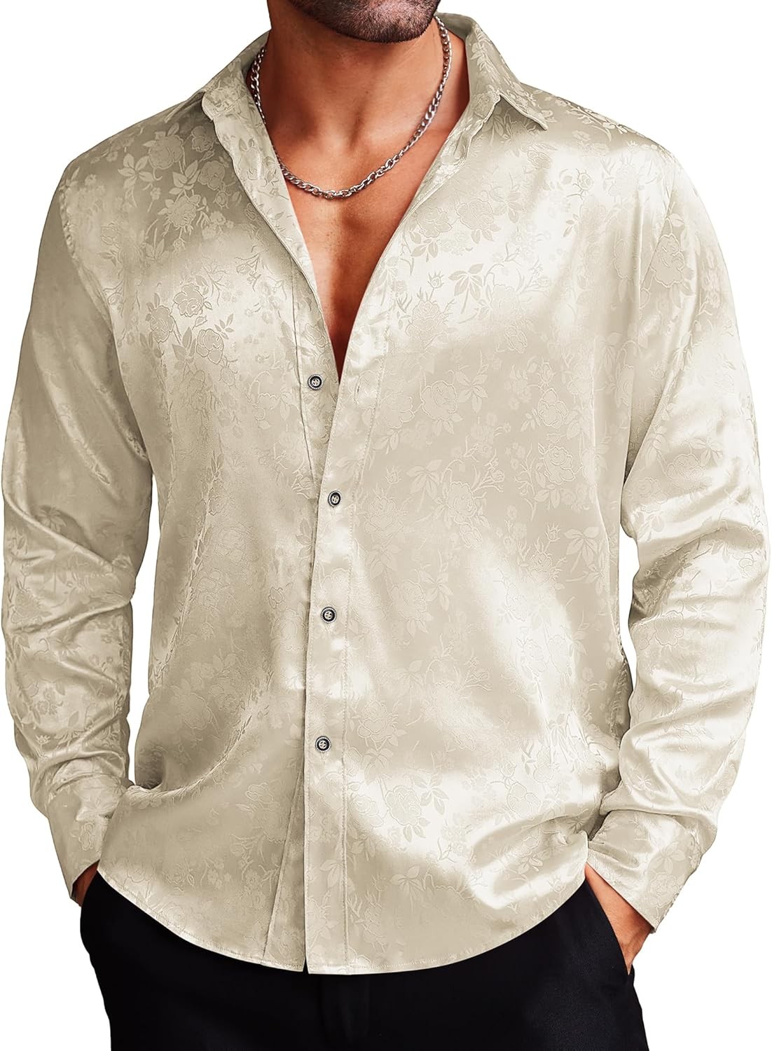 COOFANDY Men’s Silk Satin Dress Shirts Jacquard Long Sleeve Floral Button Up …