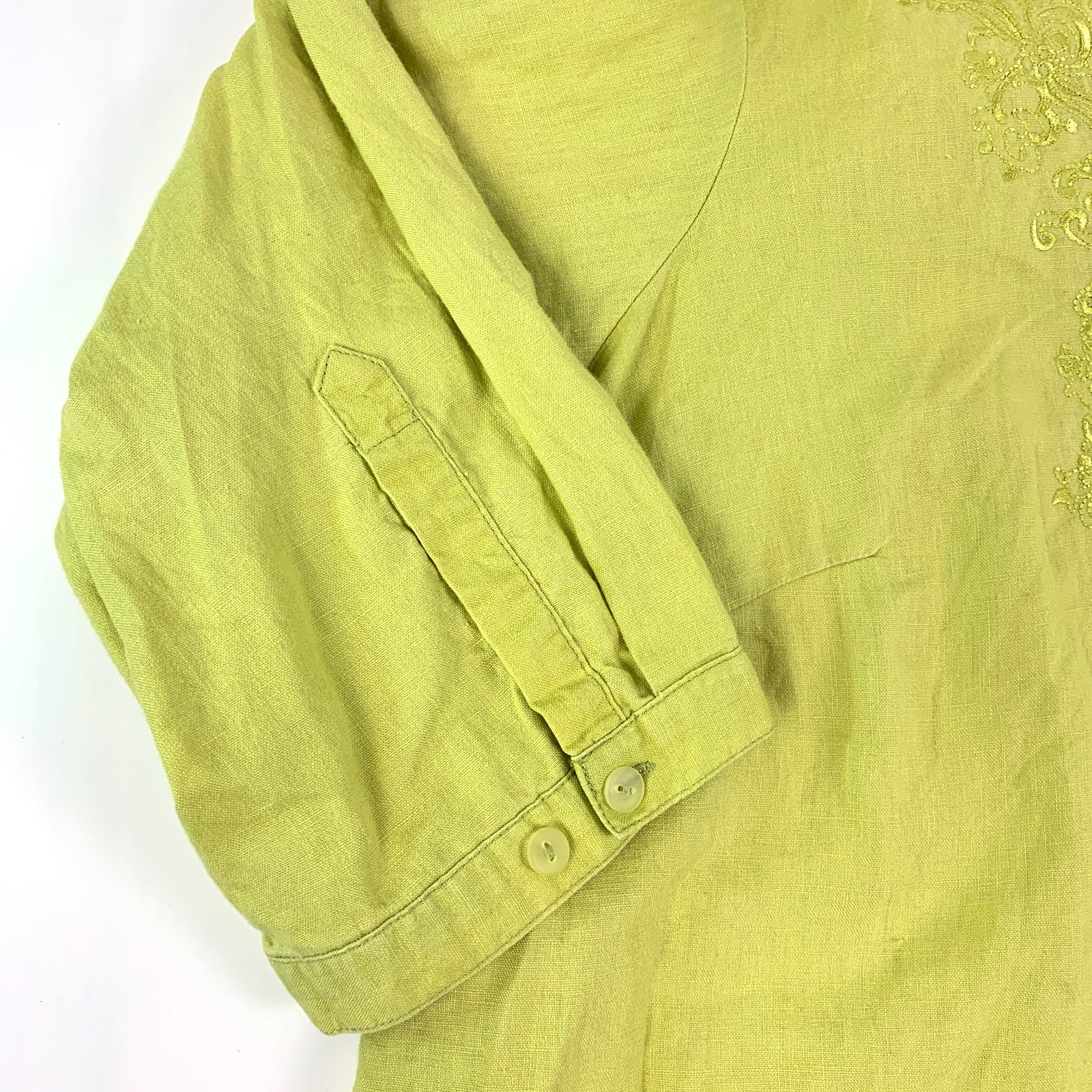 August Silk Options Button Up Blouse Sz 1X 100% Linen Lime Green Embroidered SEE
