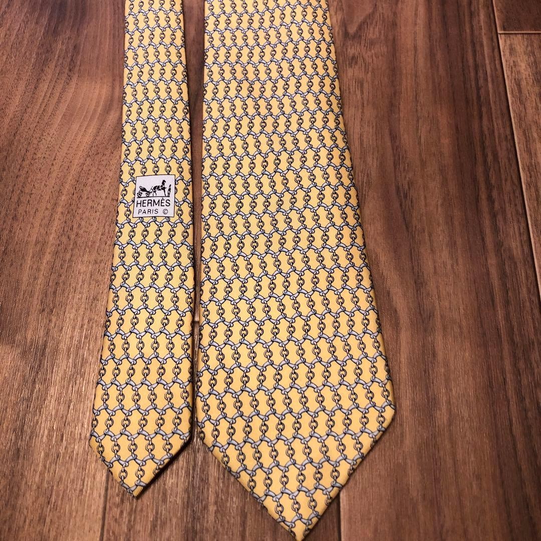 HERMES Silk 100% Necktie Chain Pattern Yellow Blue Gray 9cm New