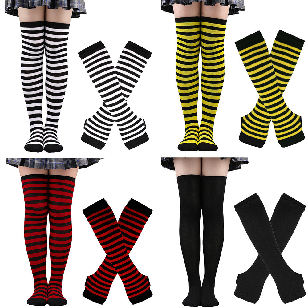 Women Arm Warmer Fingerless Gloves Set Striped Over Knee Thigh High Long Socks