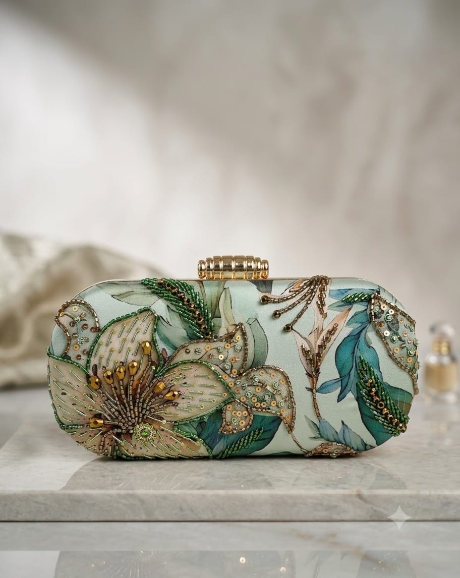 Luxury Evening Clutch Bag Leaf Artisan Sequin Work Gold Boho Embroidered Handbag