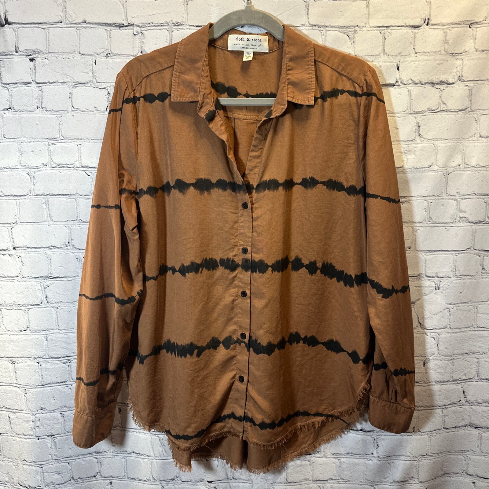 Cloth & Stone Boho Edie Brown Tencel Button Down Black Tie-Dye frayed hem XL
