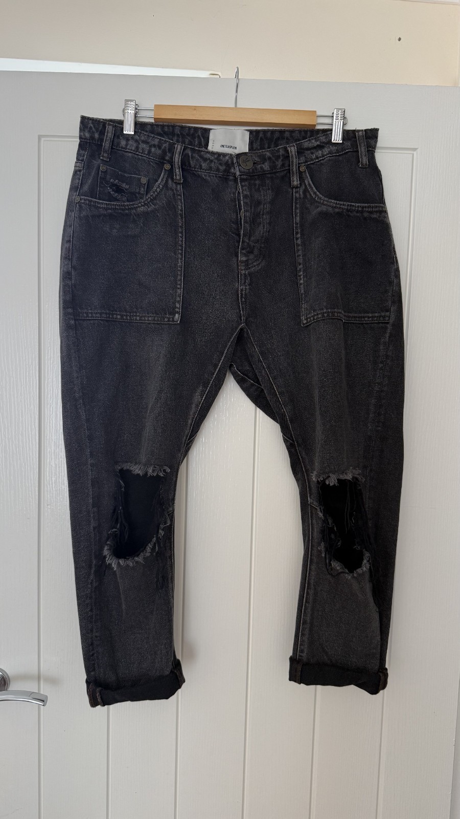 One Teaspoon SAINTS Low Waist Boyfriend Distressed Denim Jeans Washed Black 30
