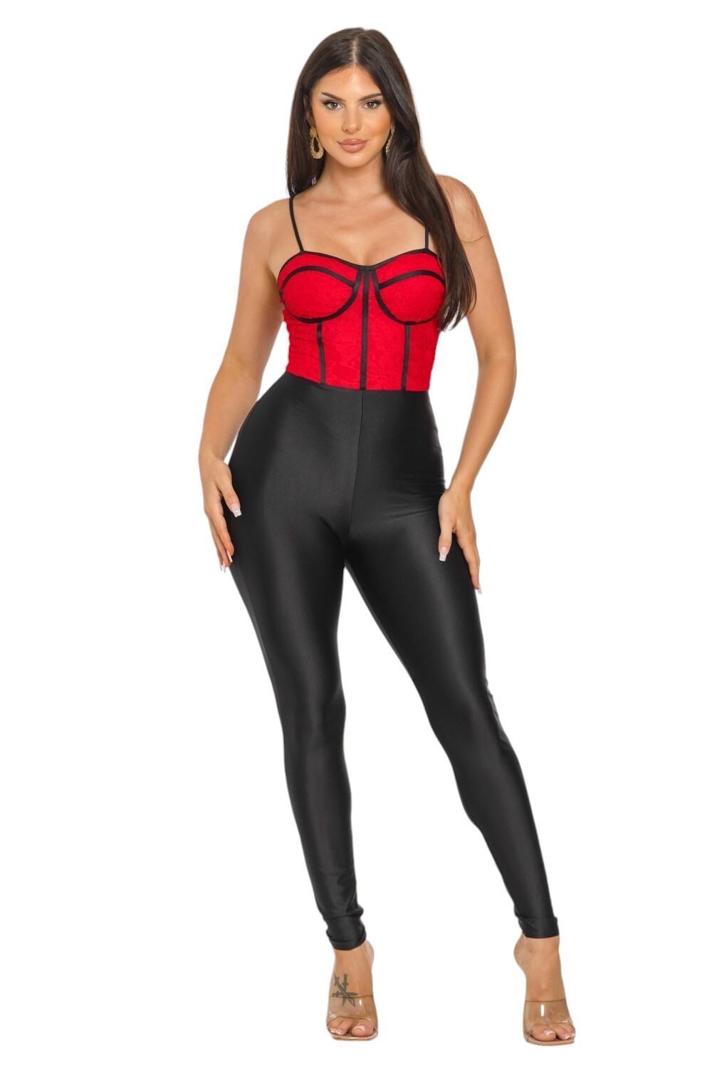 NWT Women’s Lace Corset Style Detail Jumpsuit Red or Beige S, M, L, XL