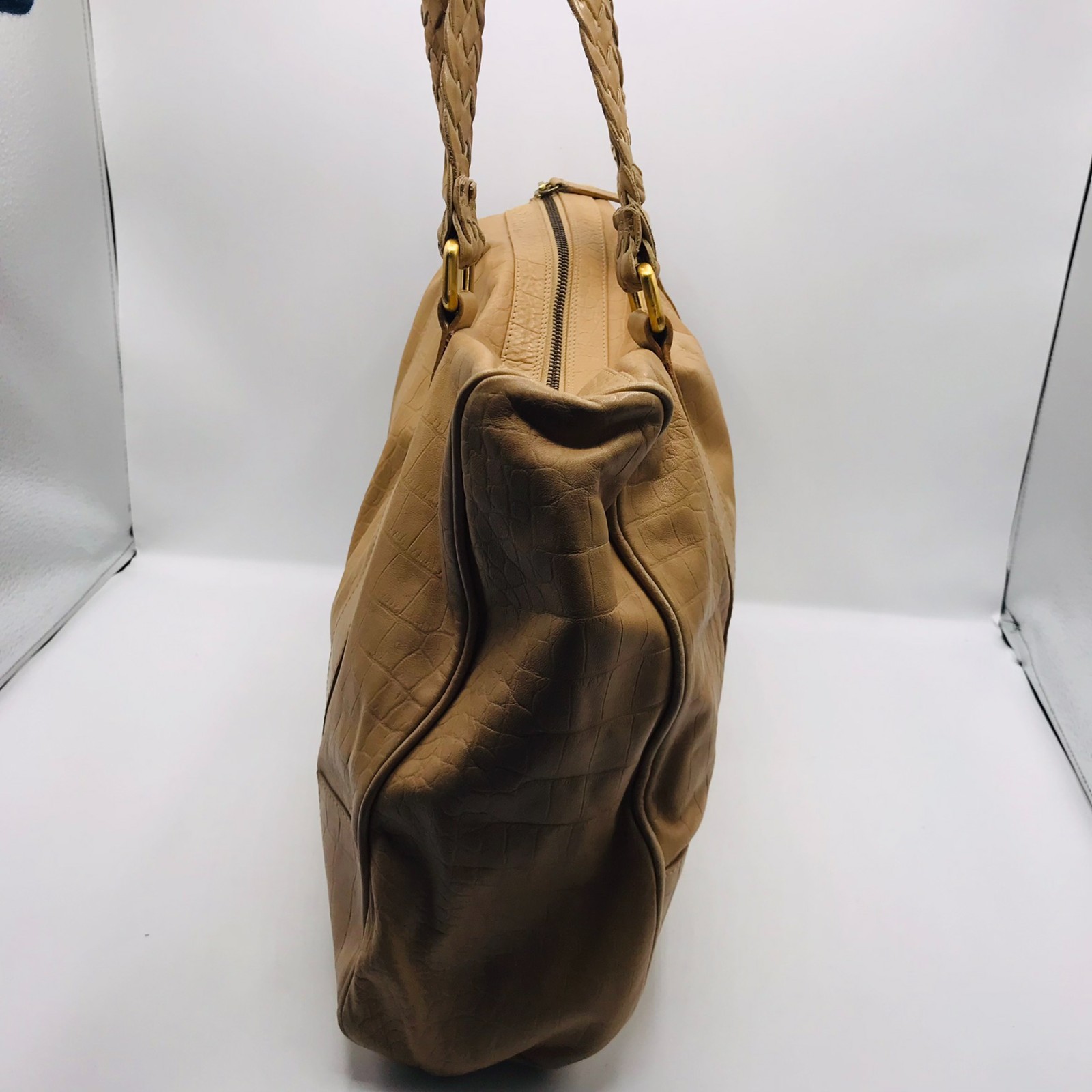 Falor Tan Leather Tote Bag Made In Italy with Woven Handles Embossed Snakeskin