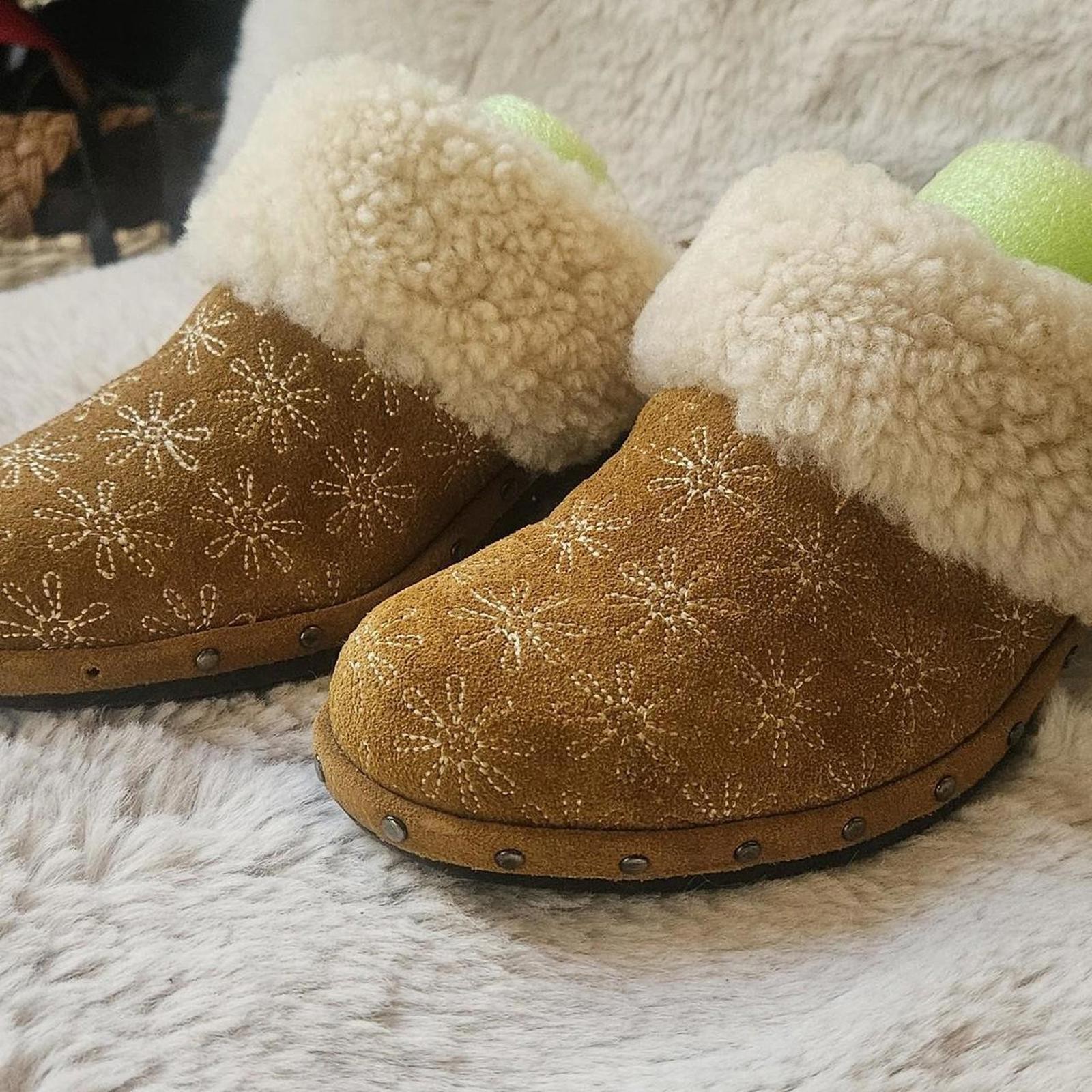 Tan Suede Clogs, Sheepskin Shearling, Embroidered flowers