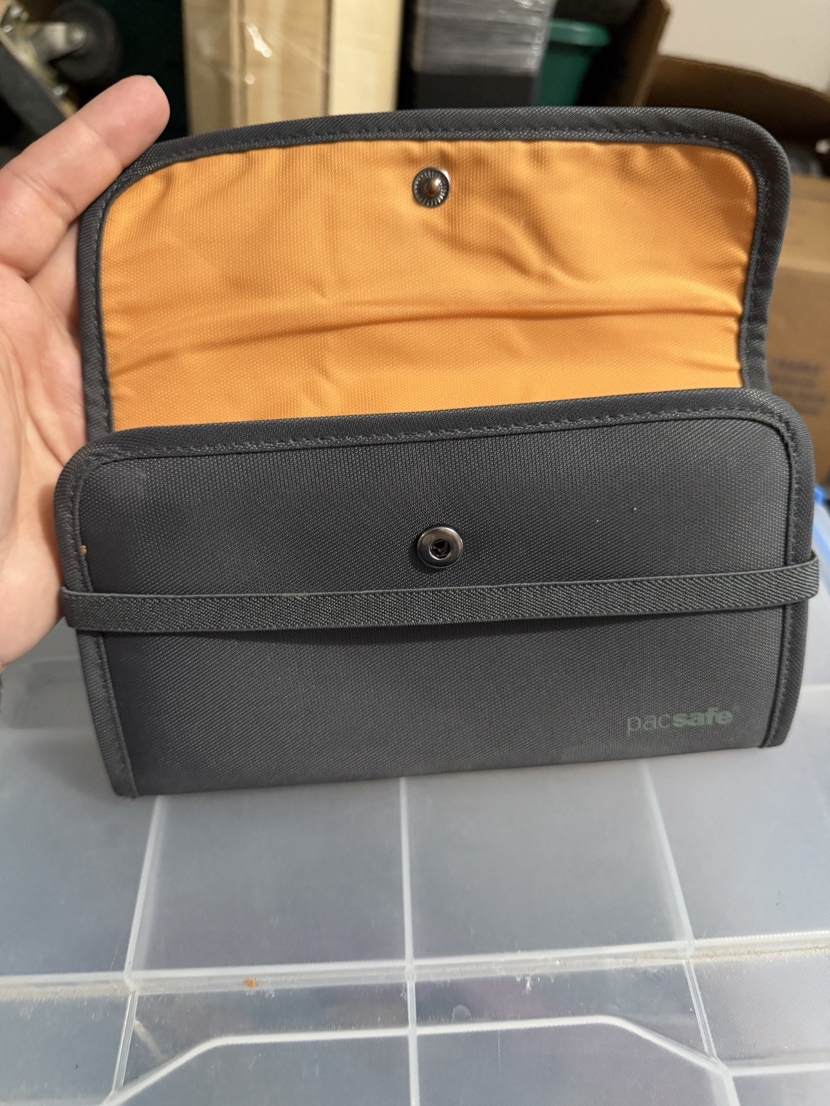 Pacsafe Women’s Gray Wallet with Orange Interior, Solid, Snap Closure Logo