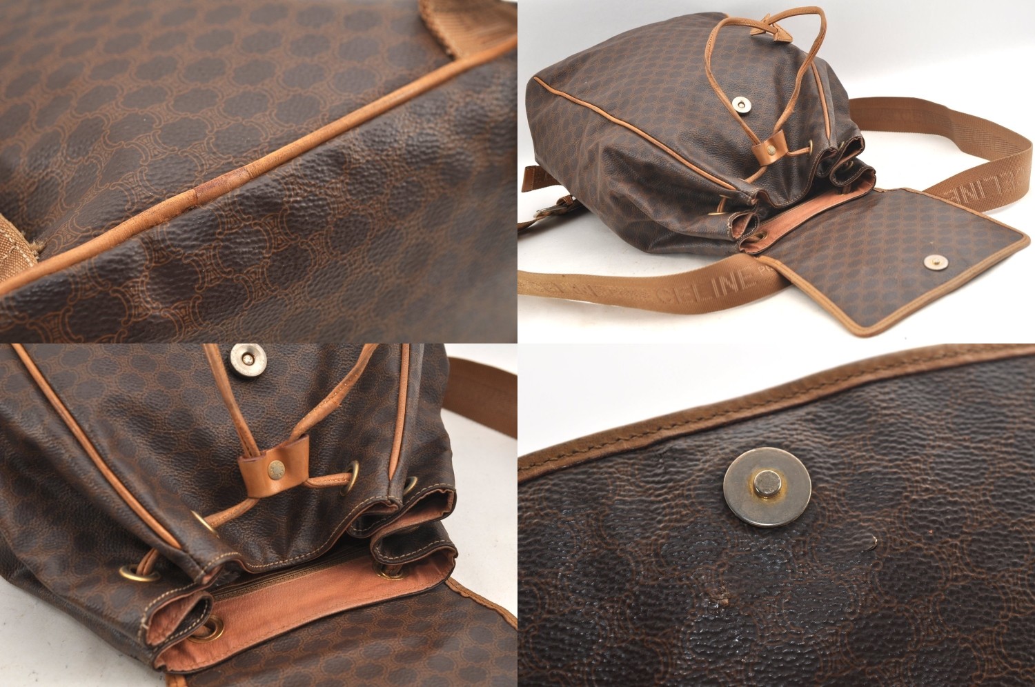 Authentic CELINE Macadam Blason Pattern Backpack PVC Leather Brown AB587