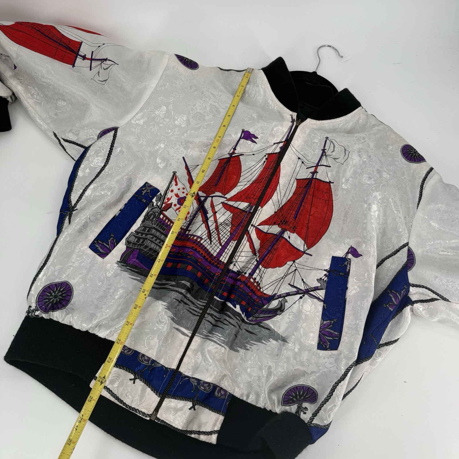 Vintage Nautical Retro Silk Ship Long Sleeve Full Zip Bomber Jacket