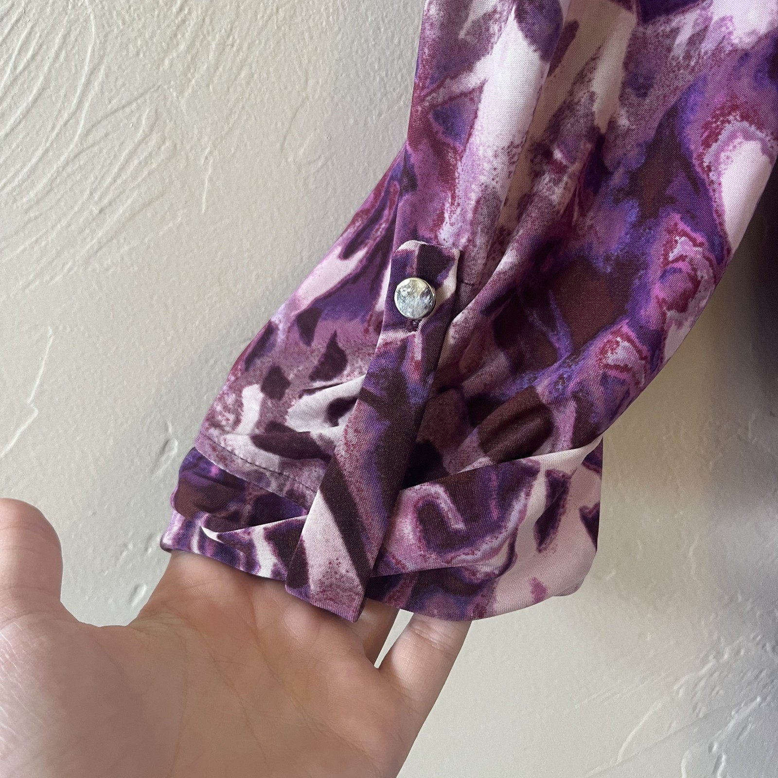 Cocomo Size XL Black Purple Leopard Abstract 3/4 Sleeve Stretch Blouse Tunic