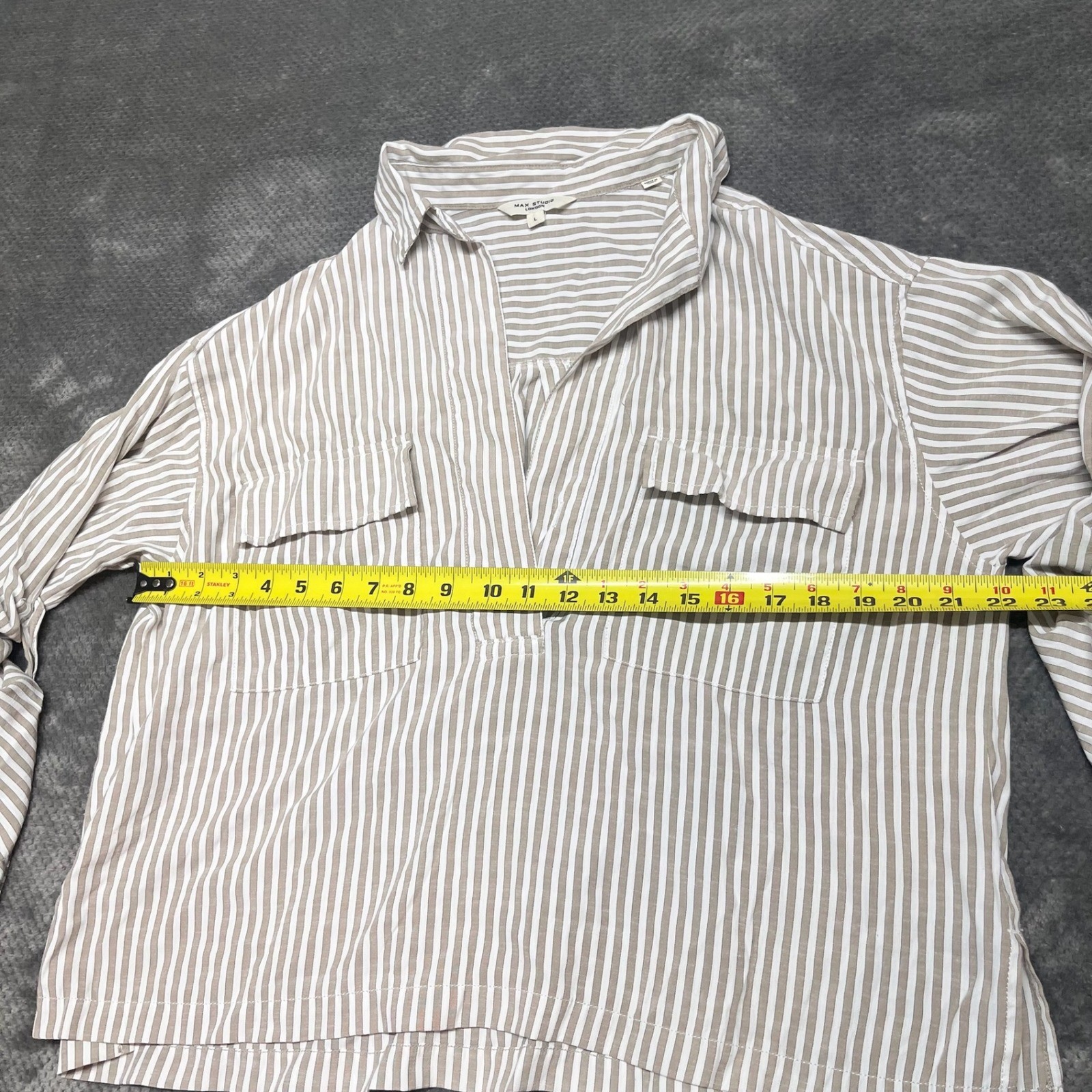 Max Studio London Tan White Striped V-Neck Roll Tab Sleeve Tunic Top Large