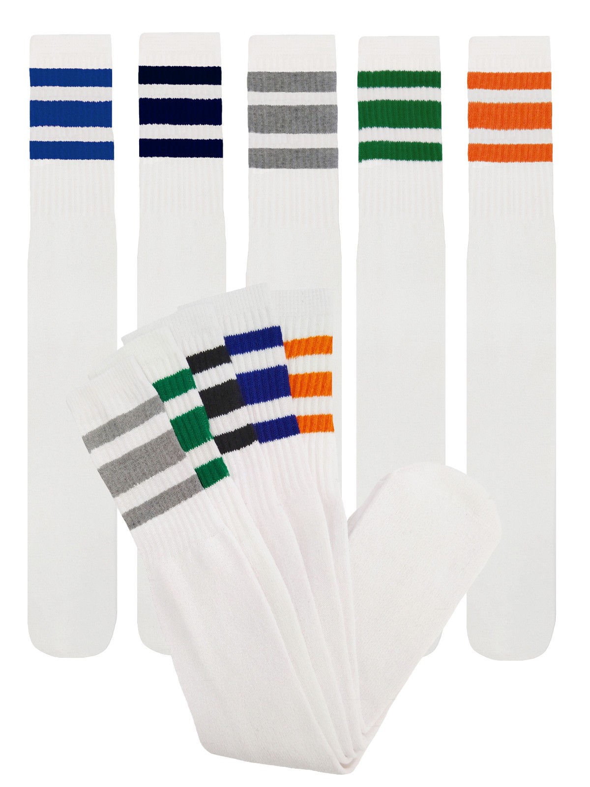 5pk White Striped Tube Socks 22 Inch OLD SCHOOL Socks COTTON Multicolor Set 14