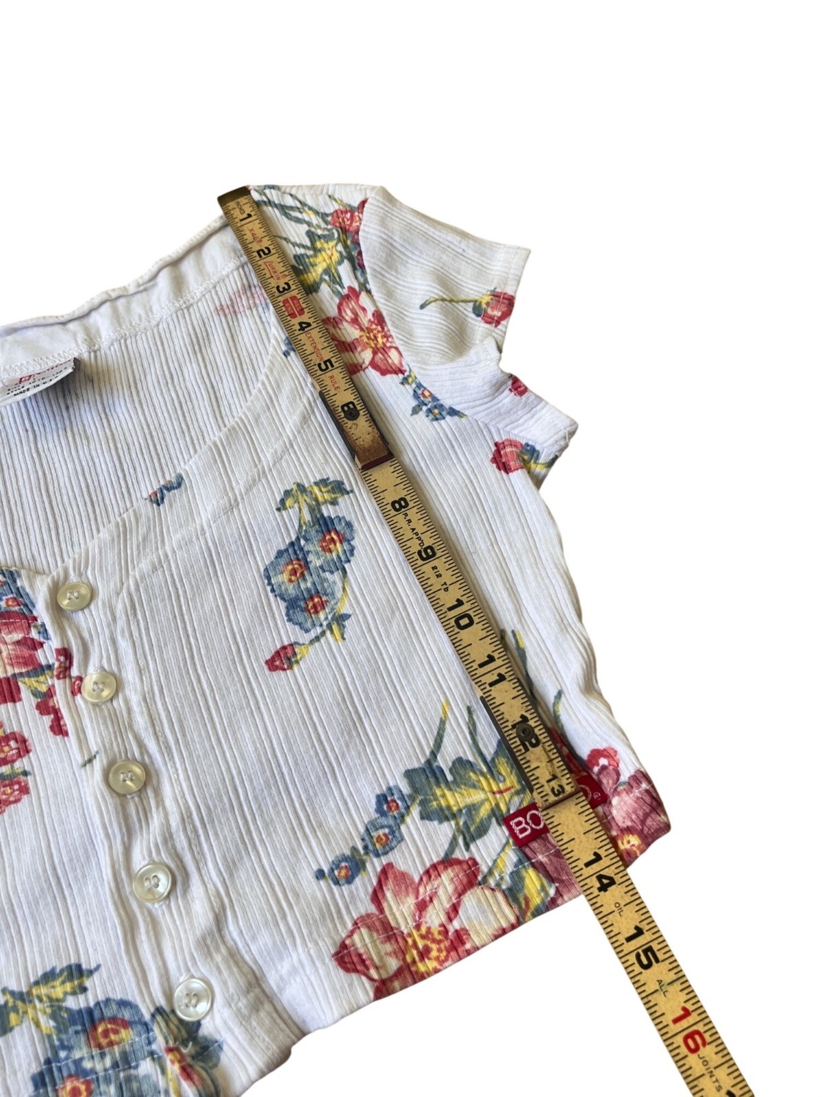 Bongo VTG 80-90’s Baby Tee Henley Crop Top Large White Floral Cottage Grunge