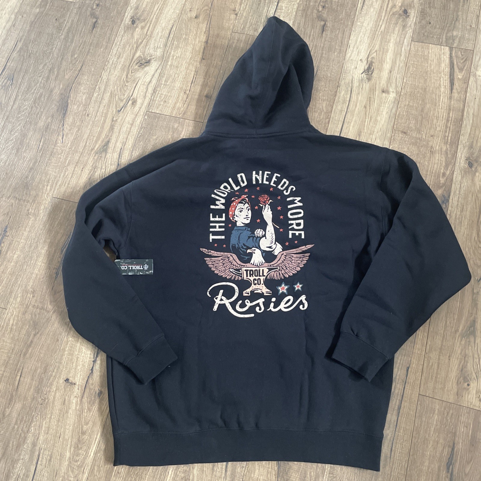 NWT Troll Co The World Needs More Rosies Black Logo Hoodie – 2XL