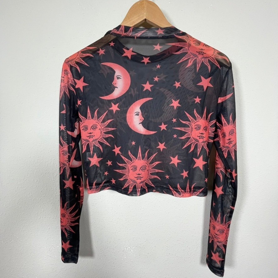Celestial Mesh Crop Sheer Top Womens S Black Red Grunge Goth Sun Moon Stars
