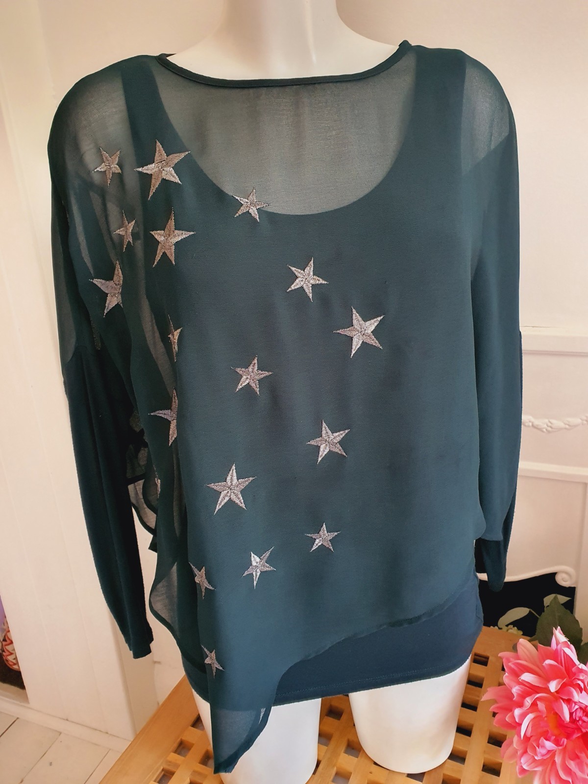 Mint Velvet Dark Green Star Embroidered Draped Top, UK Size 10