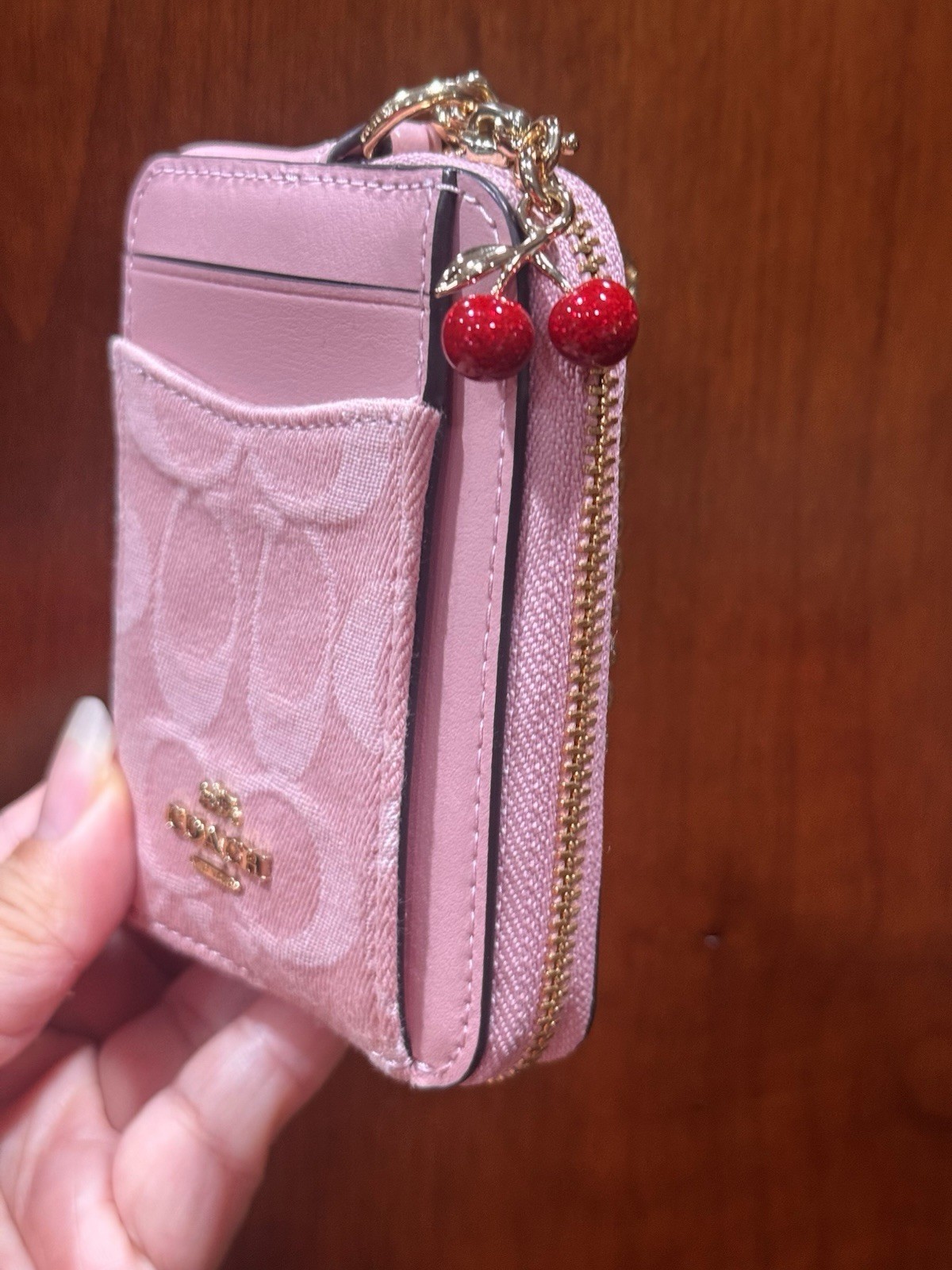 Coach Zip Card Case In Signature Denim With Charm/Gold/Light Pink CFA35 NWT