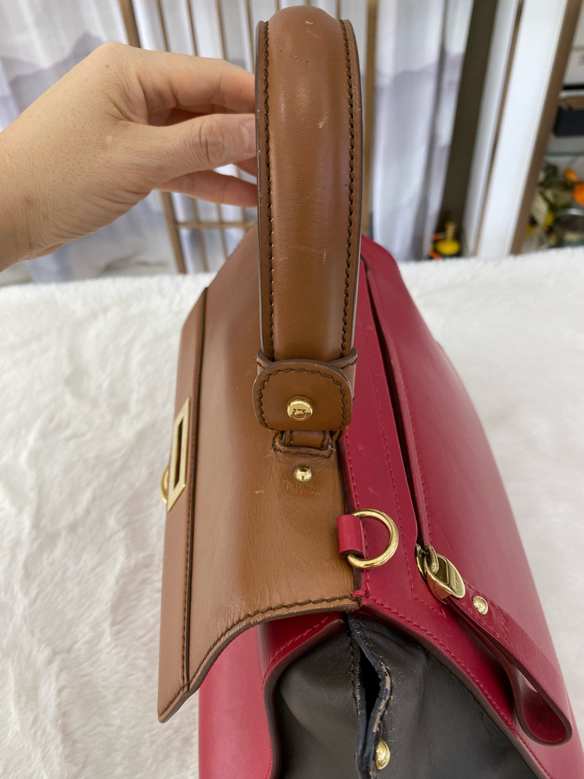 Authentic Salvatore Ferragamo Sofia Smooth Leather Top Handle Bag Brown, Red,