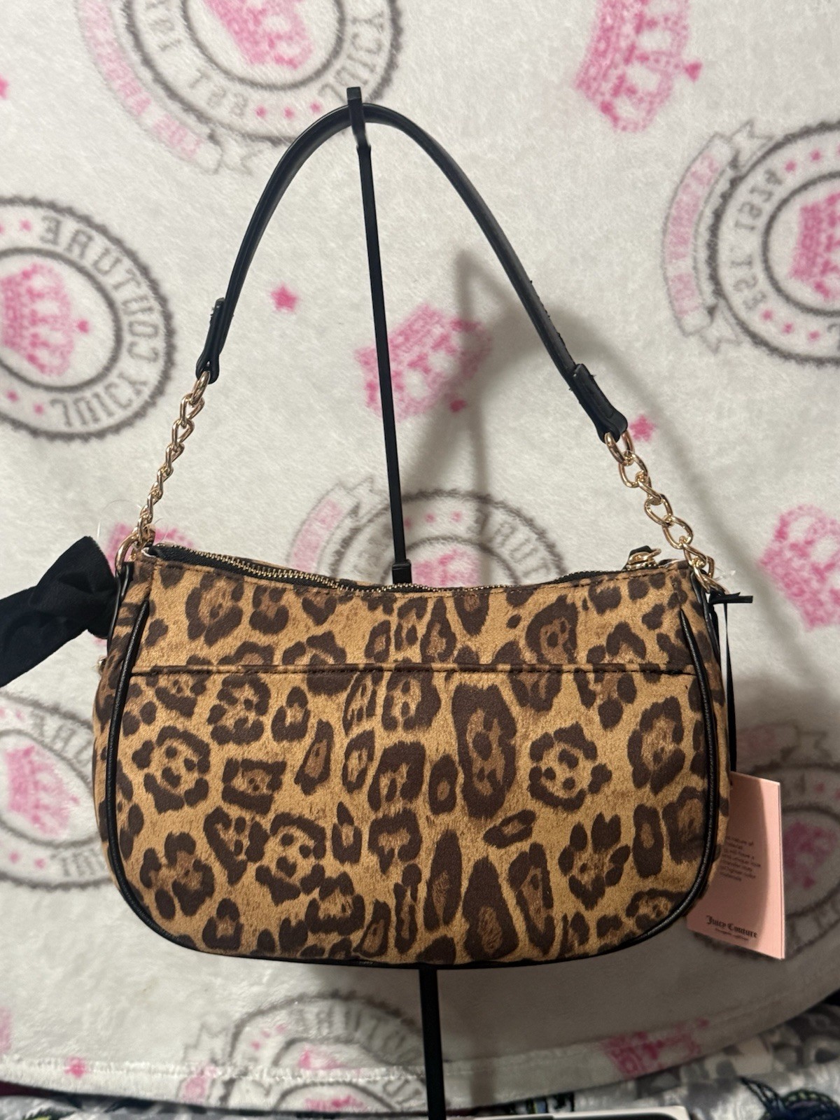 Juicy Couture Leopard Print Shoulder Bag Brown Black Bow Charm Zip Chain Pockets