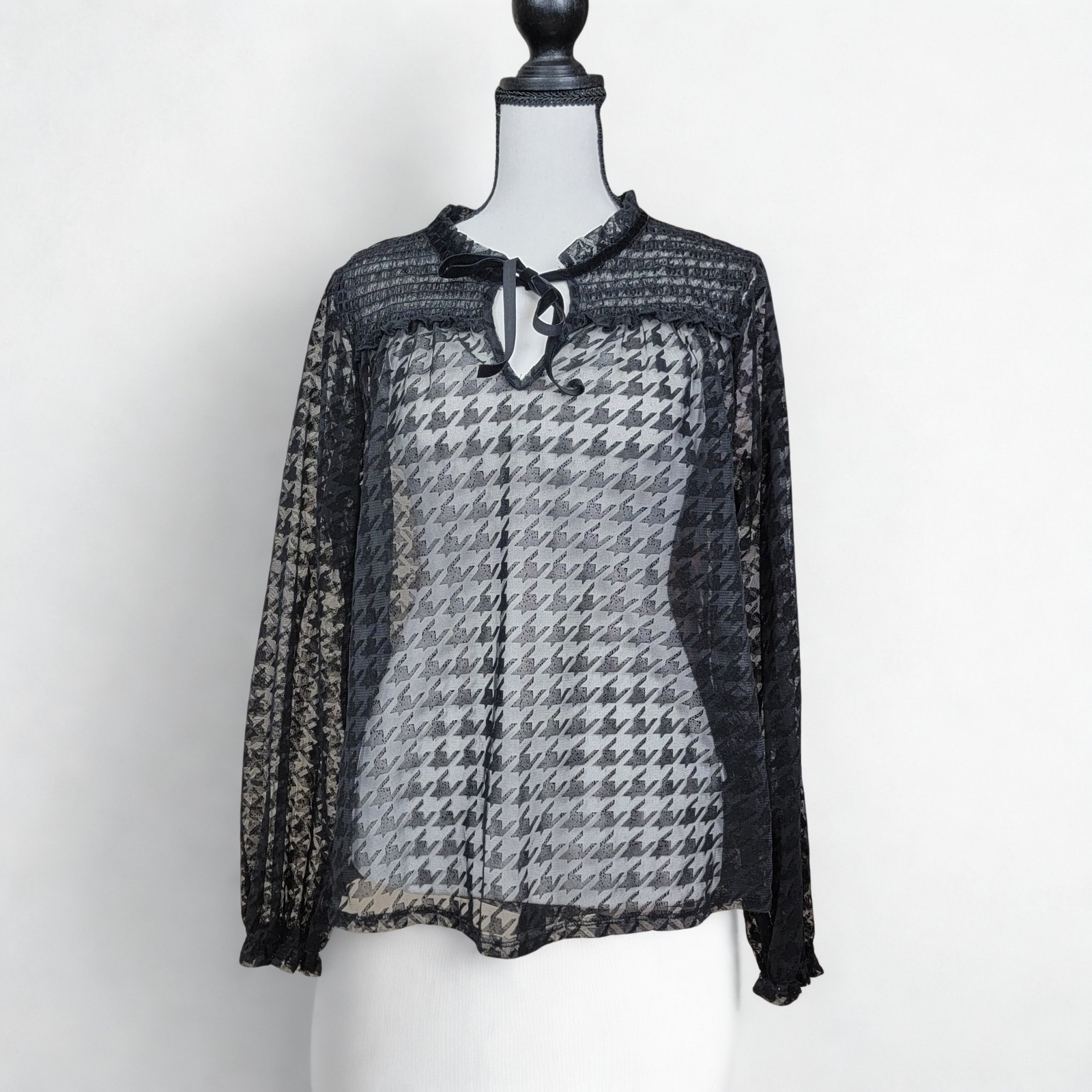 C Est. 1946 Sheer Houndstooth Blouse Sz M Black Mesh Smocked Ruffle Lace NWOT