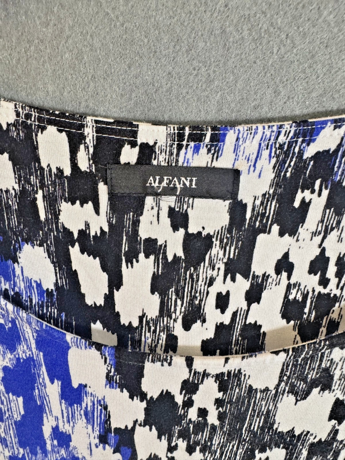 Alfani Blouse Small Blue Black Geometric Abstract Print Cap Sleeve Top Career