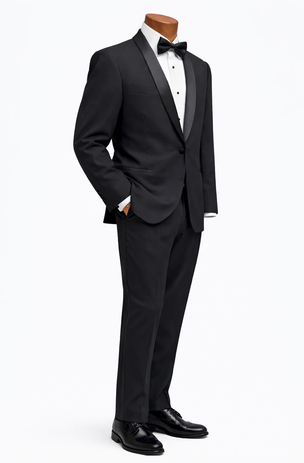 Black Satin Shawl Lapel Tuxedo with Pants Shirt Bow Tie Studs Slim Fit 40R 34W