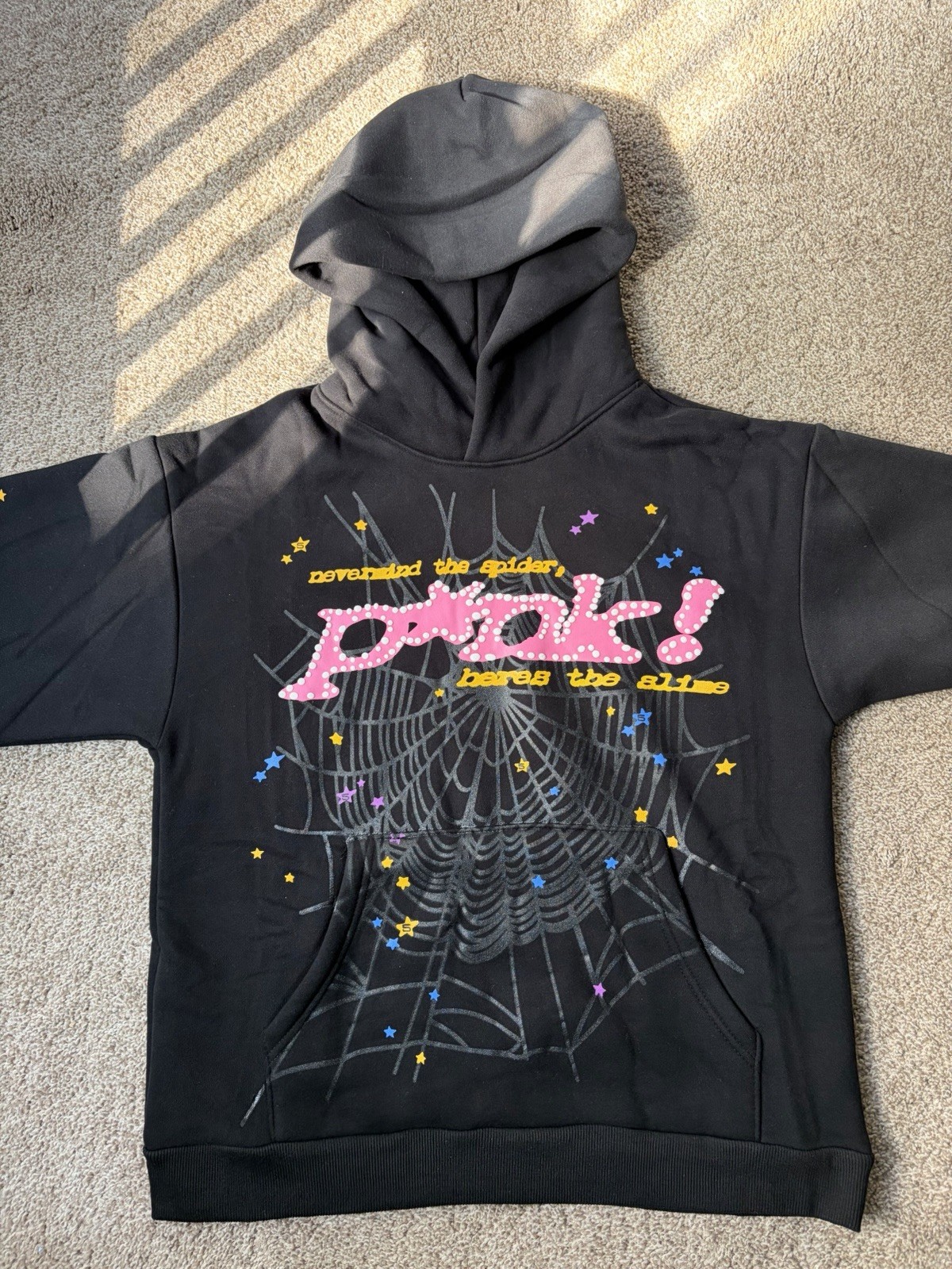 Sp5der Black Pullover Hoodie M Cotton Fleece Spider Web Stars