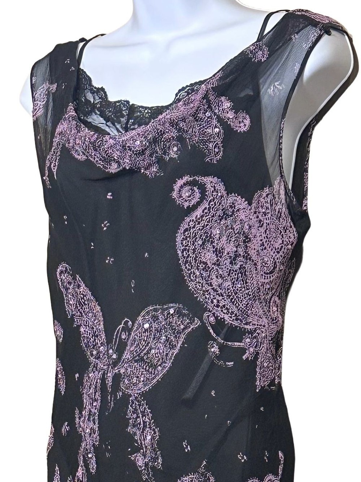 Y2K Silk Sheer Overlay Butterfly Paisley Sequin Dress Cowl Neck Size 6