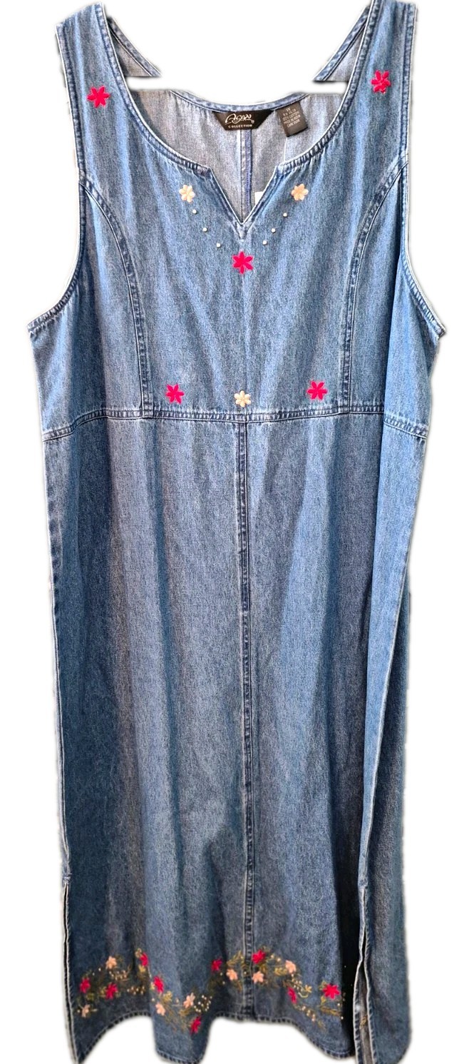 Sasso Collection Womens Y2K New 1X Blue Denim Sleeveless Floral Maxi Dress