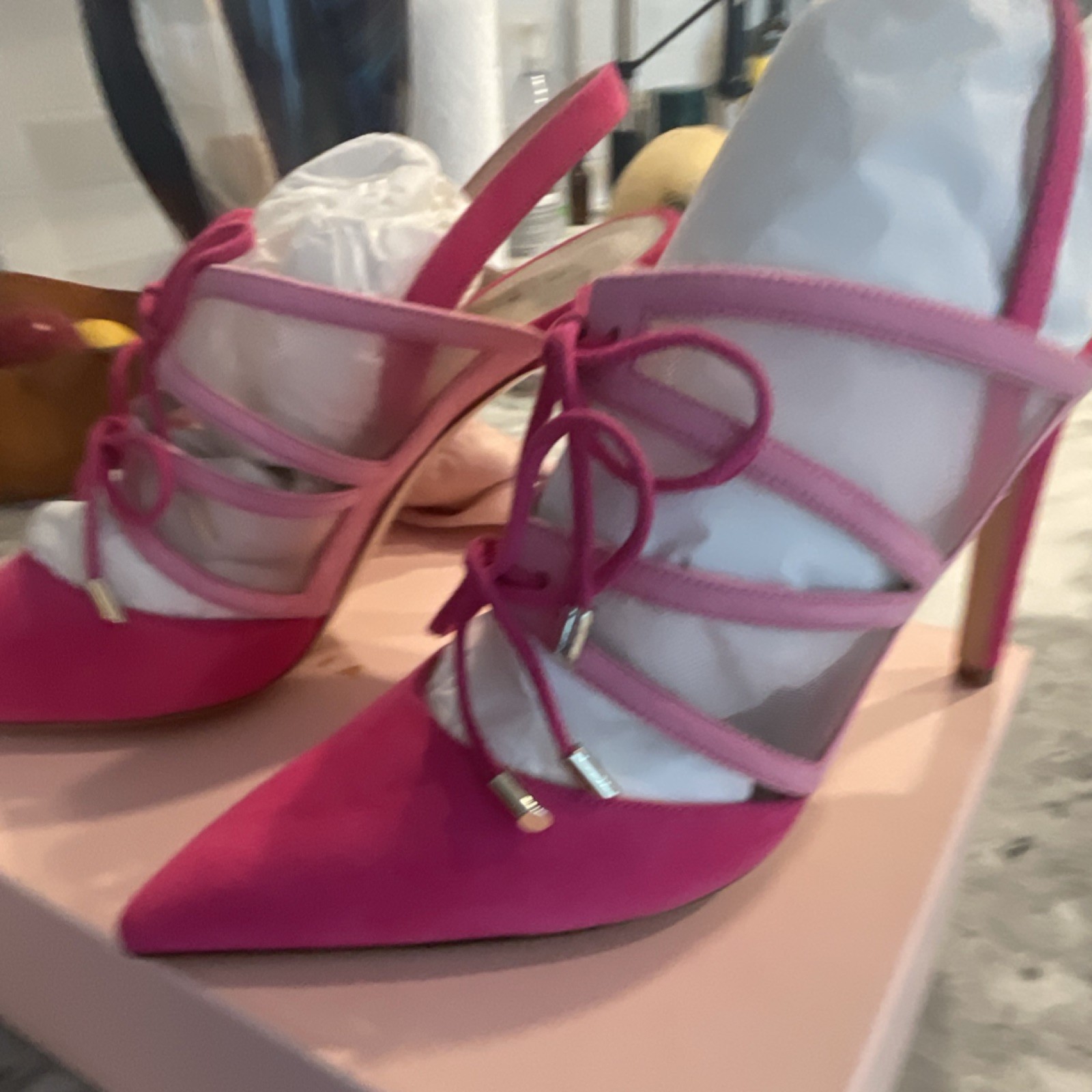 MIA Pink Strappy Lace-Up Pointed Toe Stiletto Heels Leather Suede 38.5 B