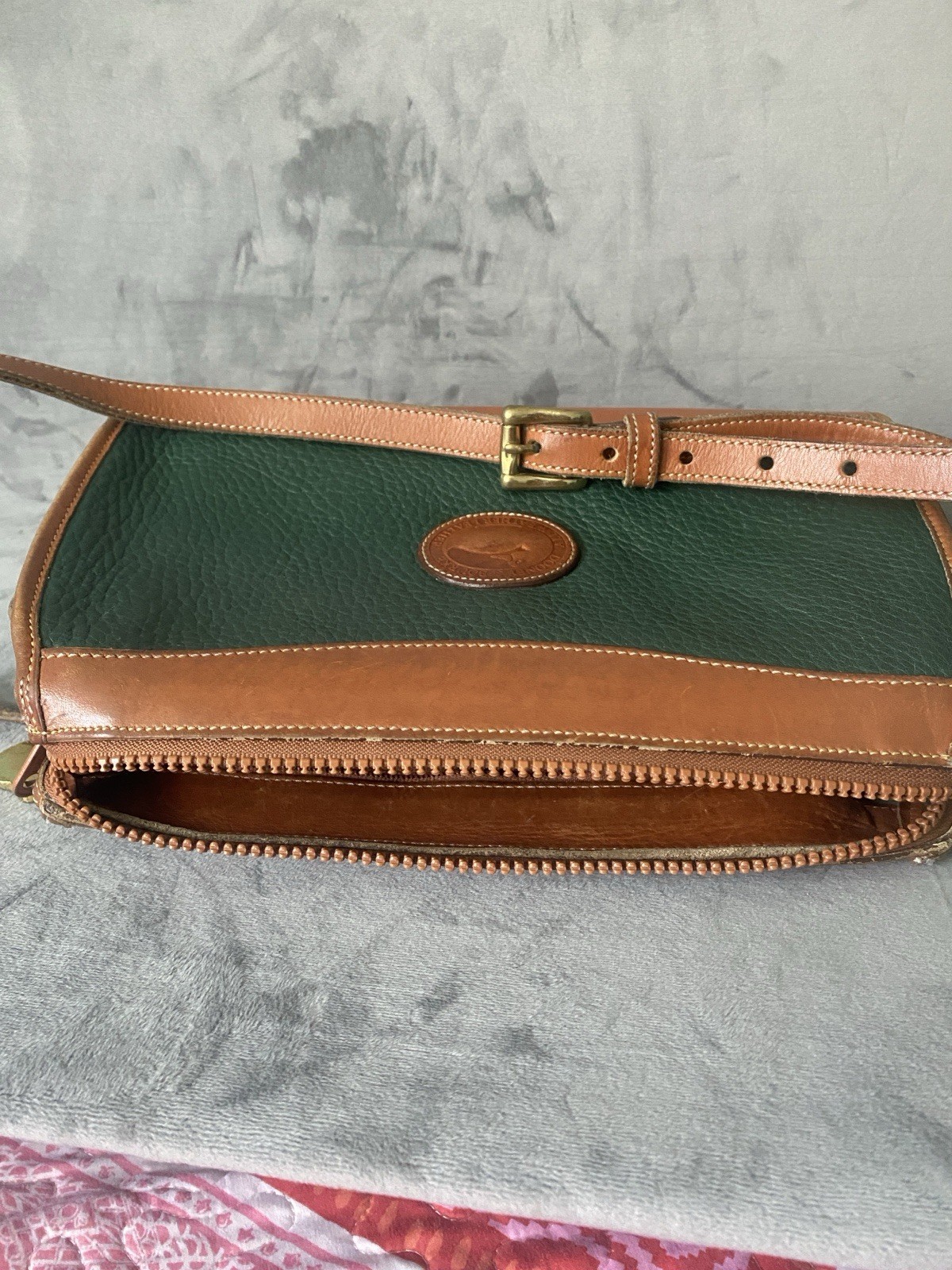 Dooney & Bourke Green/Brown Small Crossbody Bag Zip, Adjustable Strap, Gold
