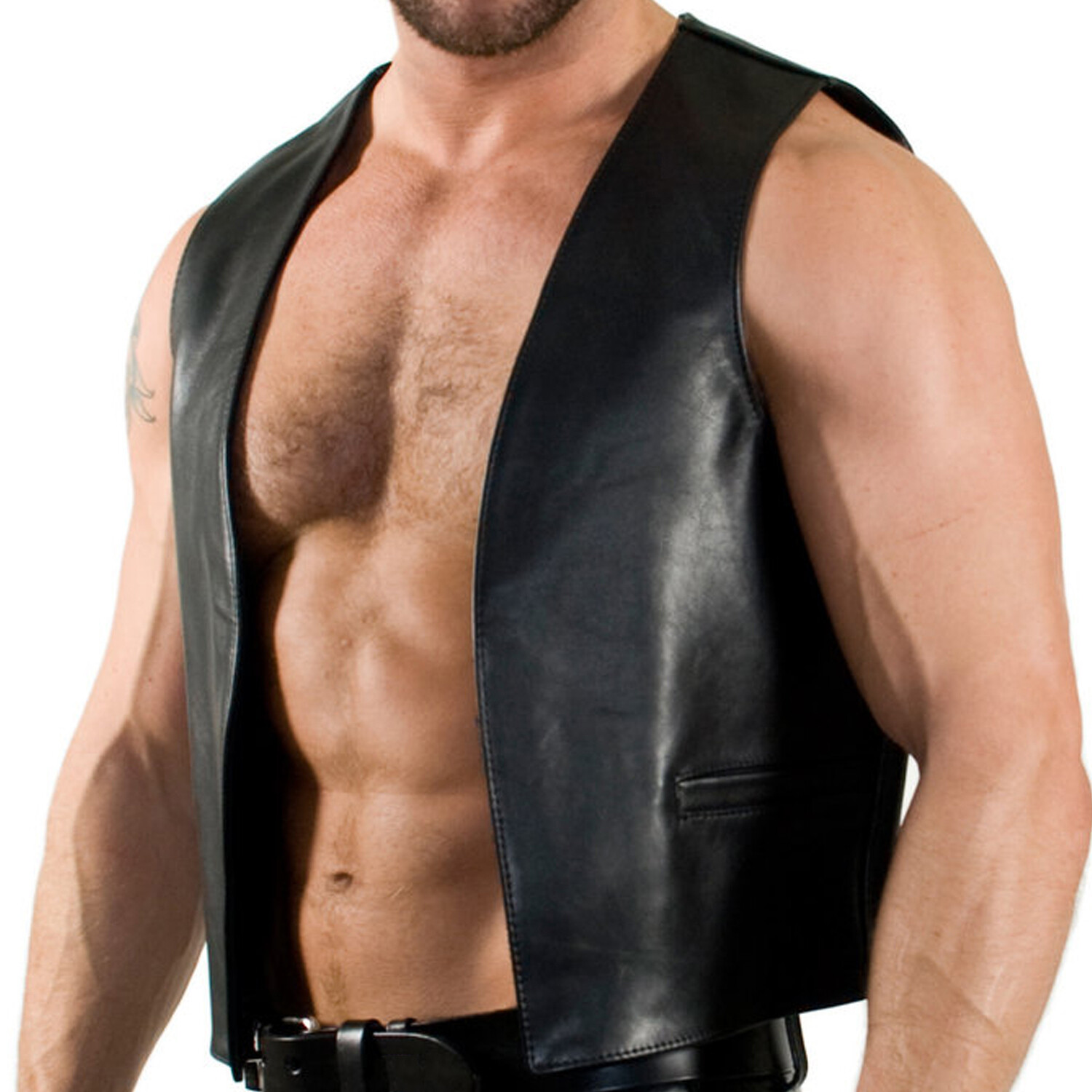 New Genuine Calf leather Bar vest Open Front Sleeveless Fetish gay BDMS