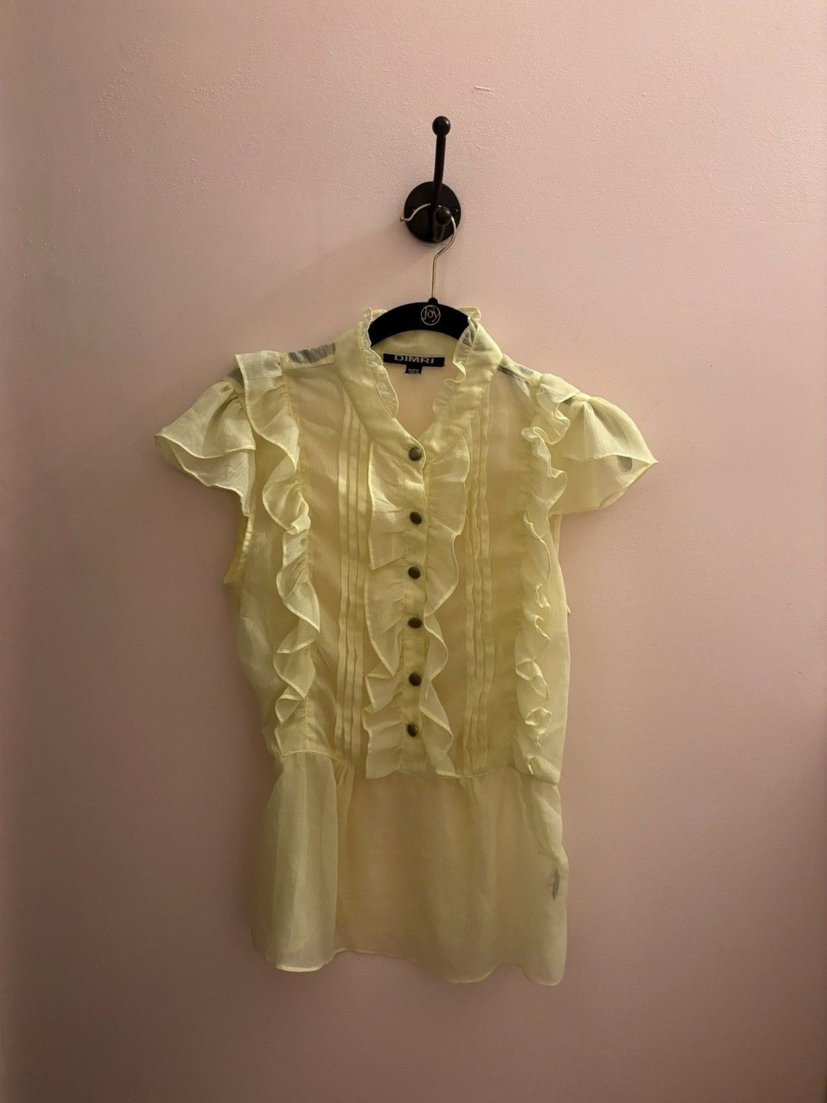 Dimri Sheer Ruffle Blouse Women’s Size M Yellow Button Front Romantic Chi