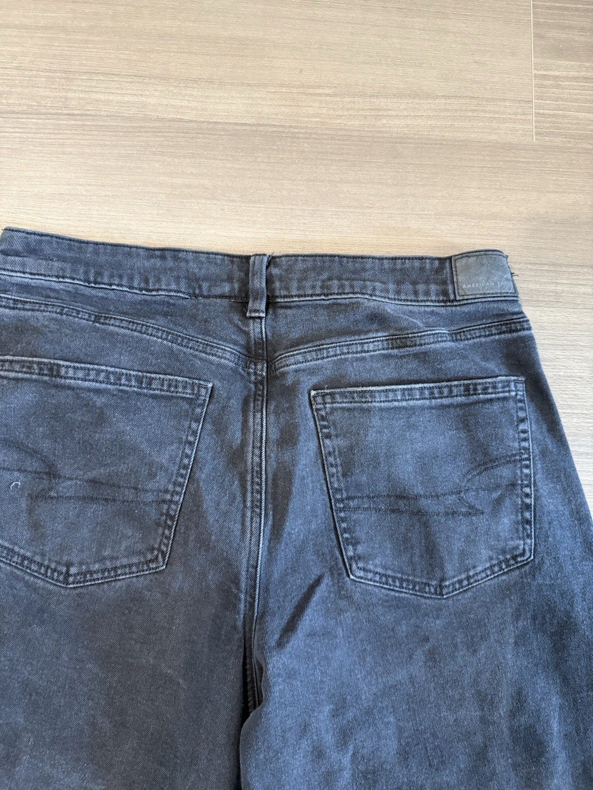 American Eagle Strigid Jeans 14 Black Gray Whiskered Wide Leg Stretch Baggy