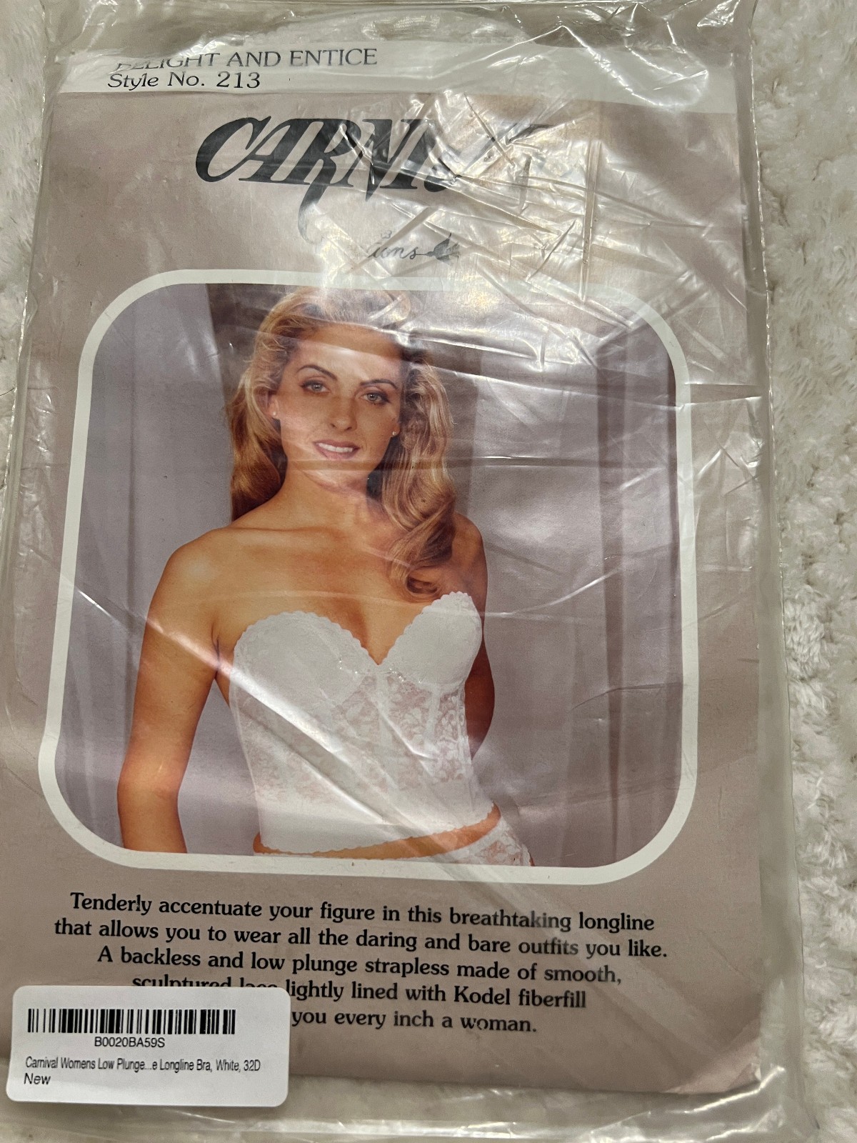 VTG Carnival 213 Lace Low Plunge Longline Bra – 32D – white – NWT!