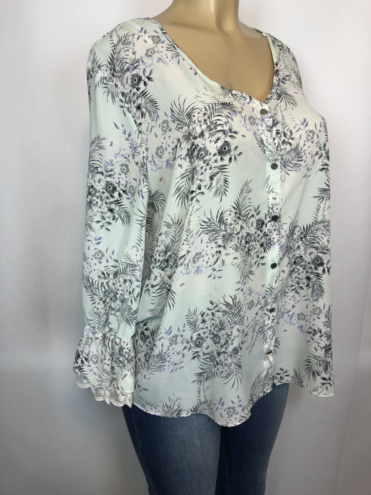 EMALINE Shirt Women’s L Semi sheer Floral Trim Lace Sleeve Casual Button Up Tops