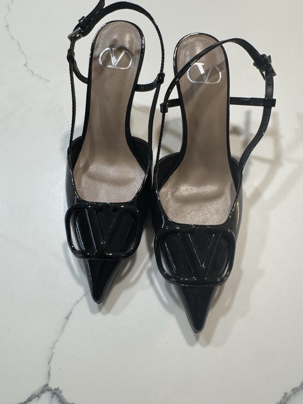 Valentino Black Leather Slingback Stiletto Pointed Toe Women’s Heels Logo Accent