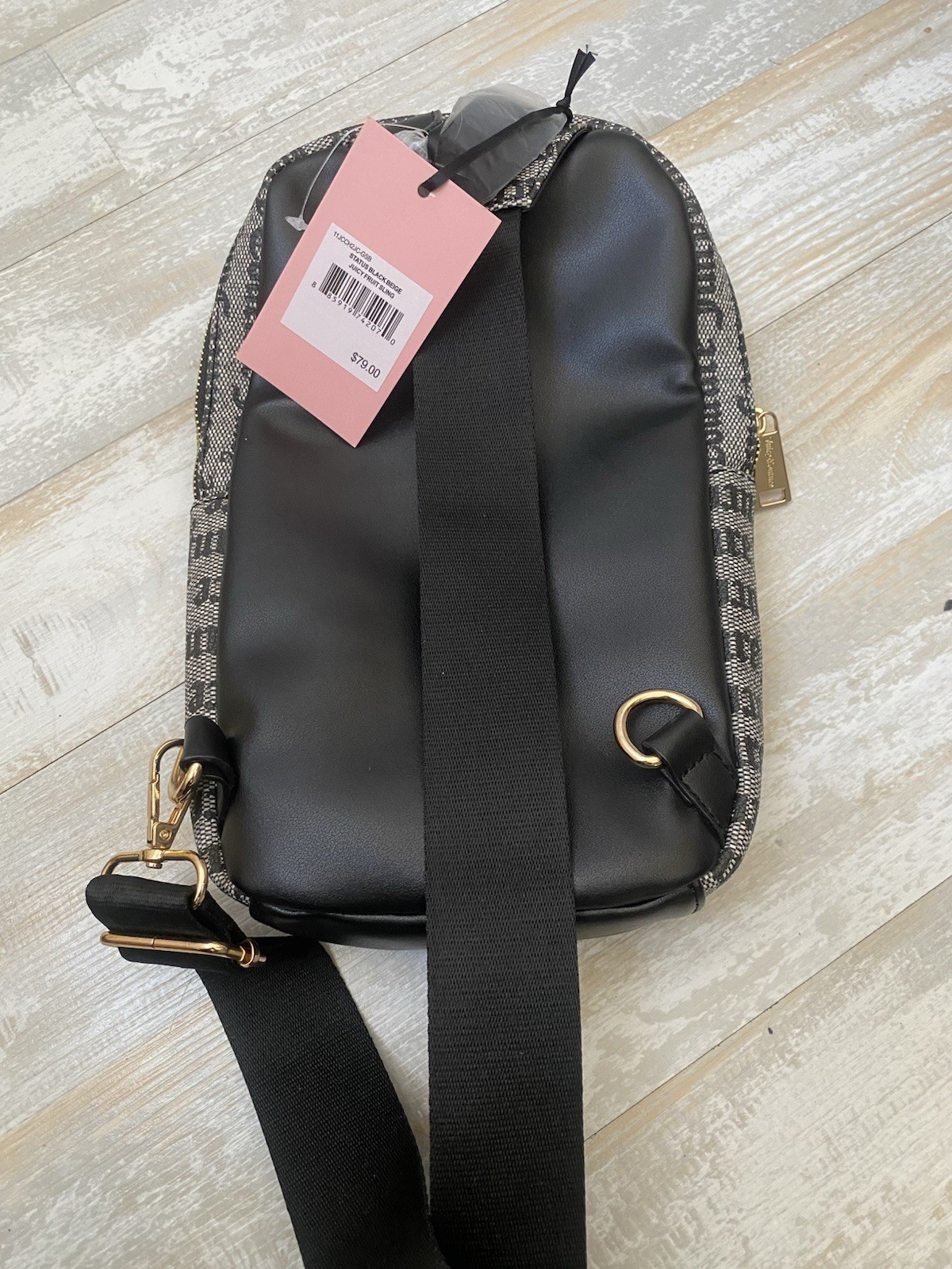 NWT Juicy Couture Status Black Beige Juicy Fruit Sling Bag Cherry Charm