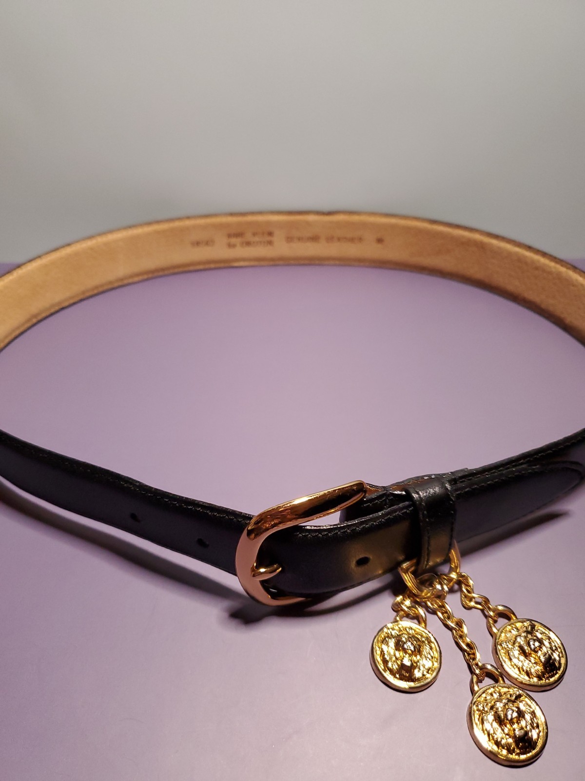 Anne Klein for Oroton Genuine Leather Belt With Gold Tone Dangling Lions-Size M